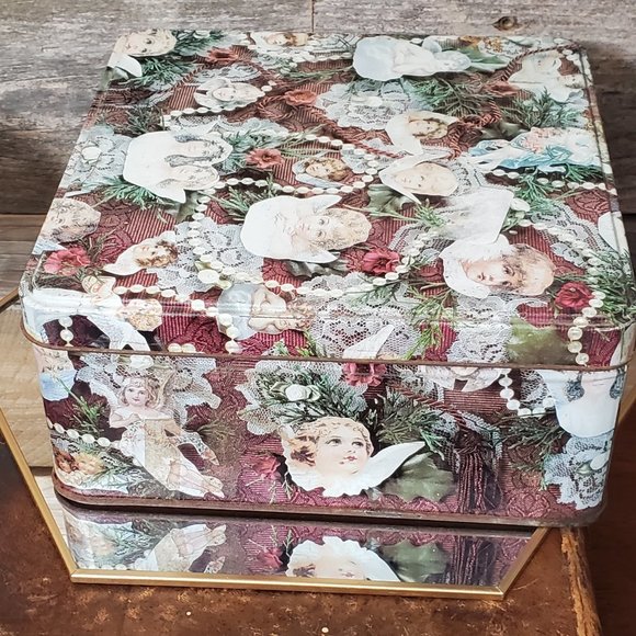 Victorian Tin Box - 8" square - Cherubs, Beads, Lace - Picture 2 of 8